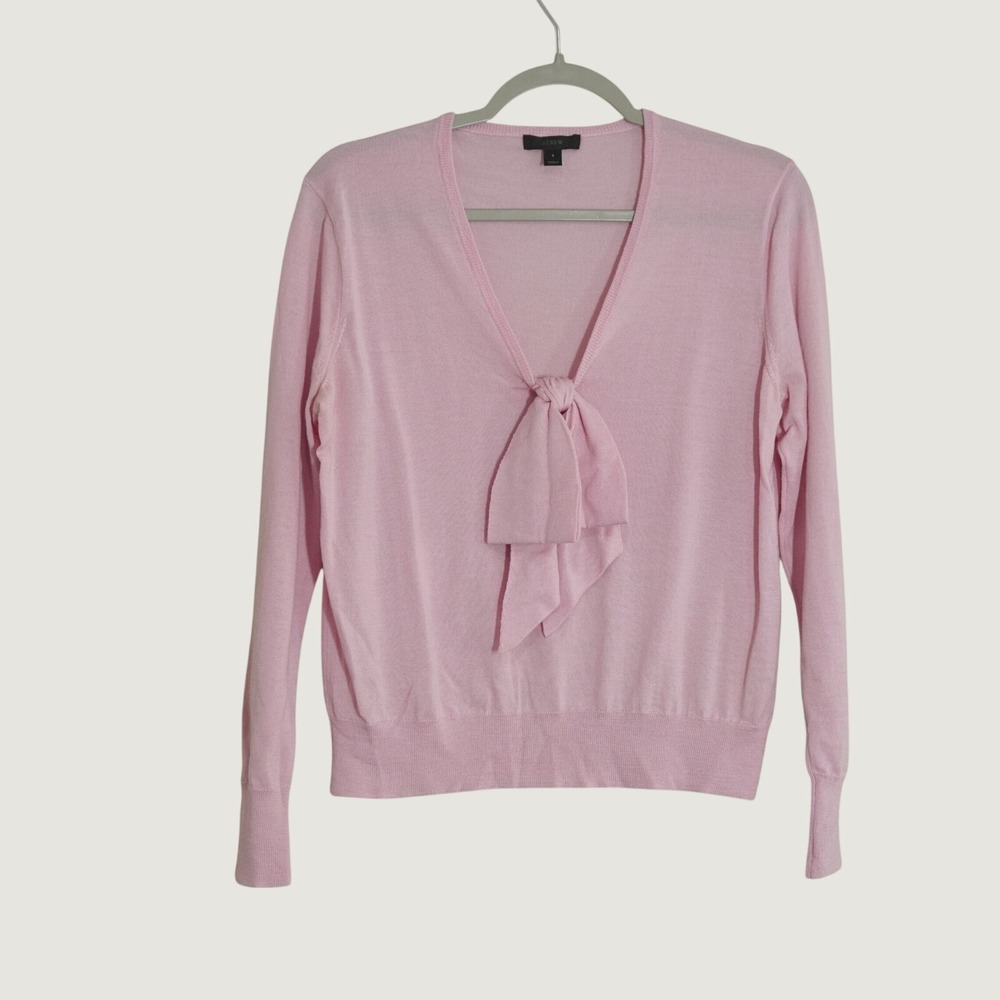 J. Crew Womens Size Small Pink V-Neck Bow Tie Lightweight Sweater Feminine Girly